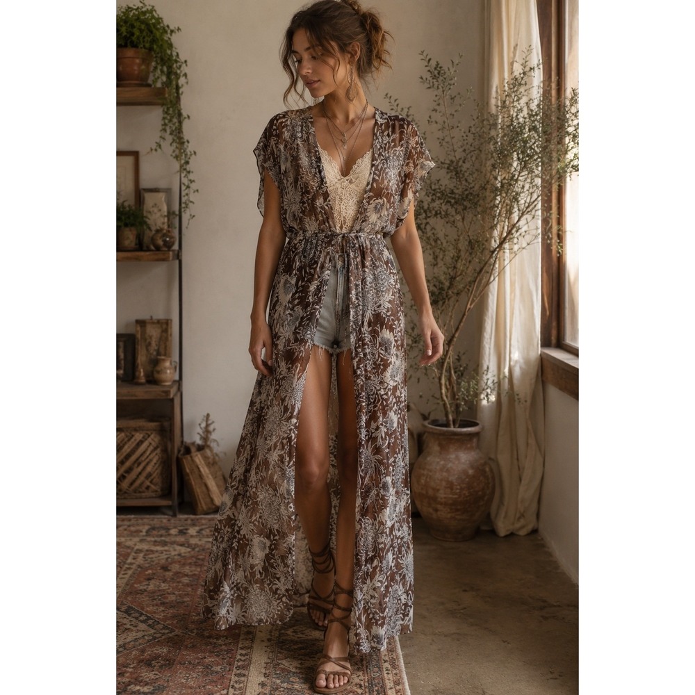Express Brown Floral Sheer Maxi Kimono Duster Flutter Sleeve